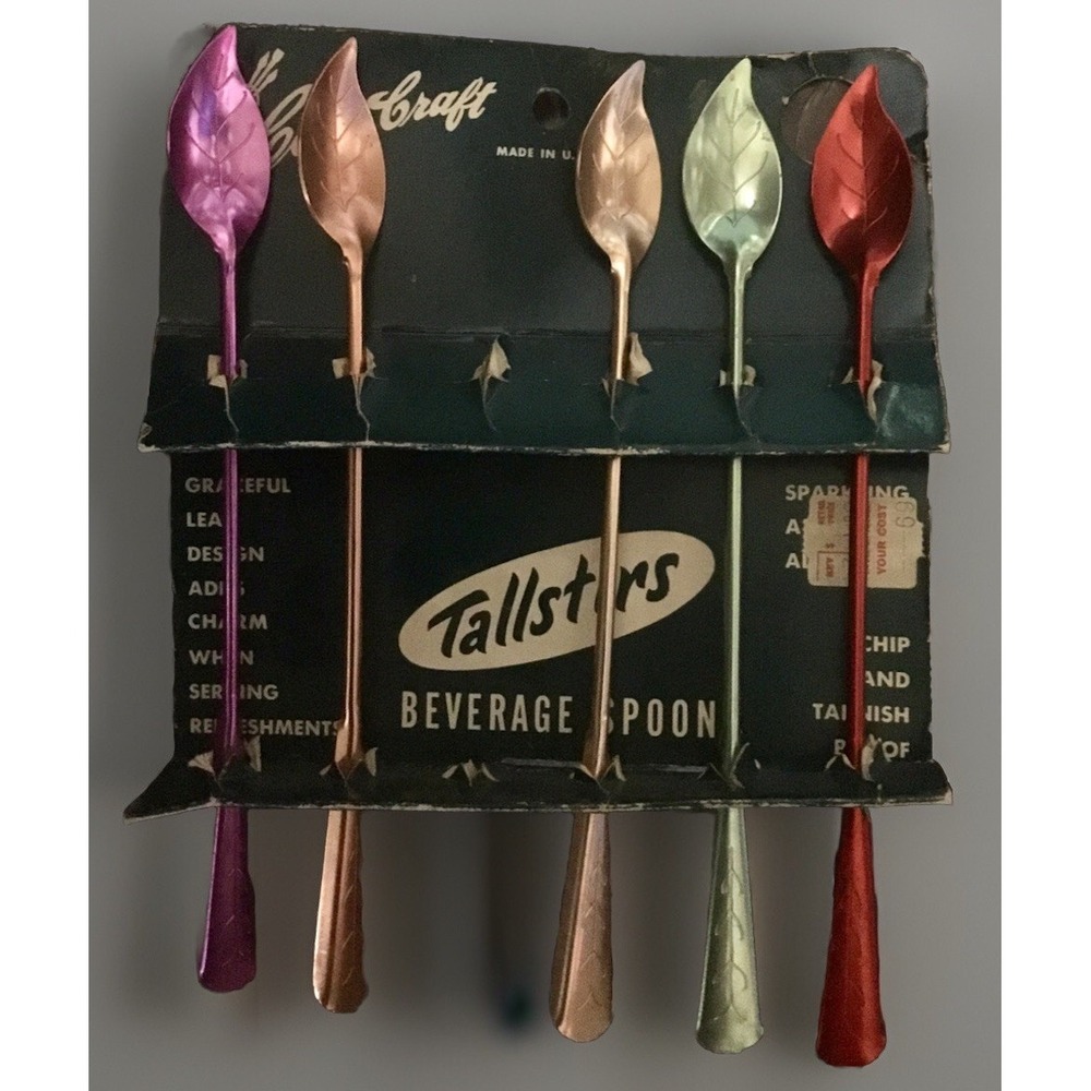 Color Craft Beverage Spoons Tallstirs Vintage MCM RARE GRACEFUL LEAF DESIGN